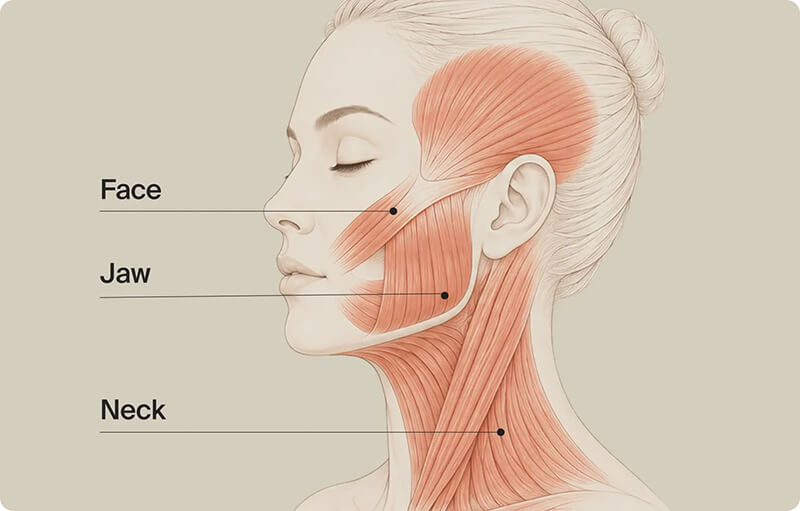 Illustration of the face, jaw and neck muscles targeted by ThermFace Massage
