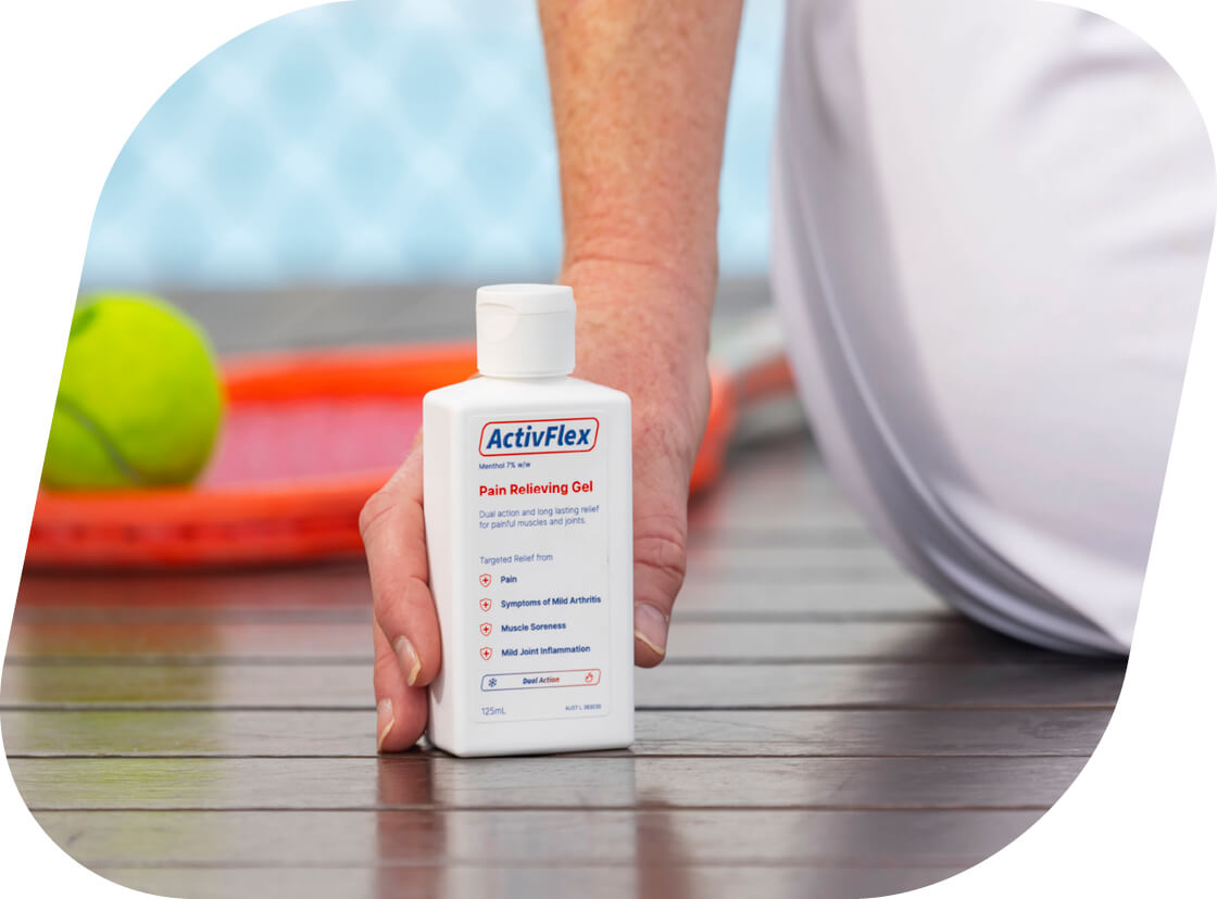 ActivFlex 125mL pain relieving gel bottle beside a tennis court
